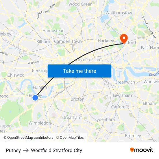 Putney to Westfield Stratford City map