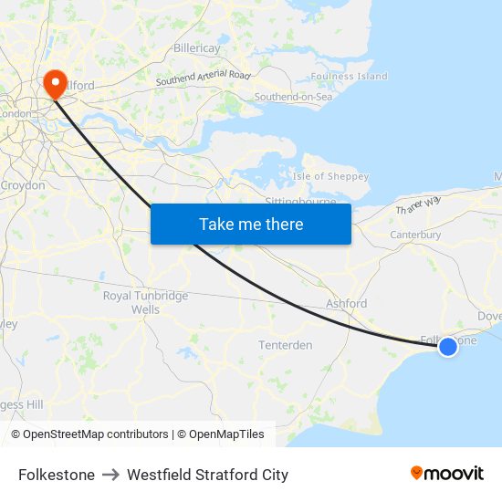 Folkestone to Westfield Stratford City map