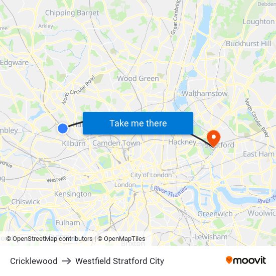 Cricklewood to Westfield Stratford City map