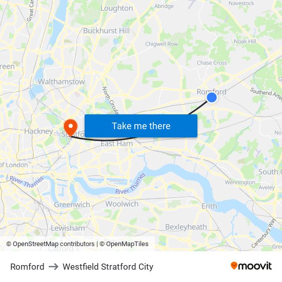 Romford to Westfield Stratford City map