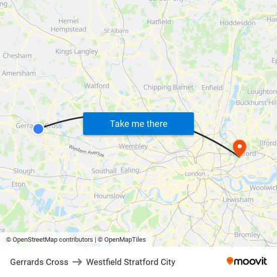 Gerrards Cross to Westfield Stratford City map