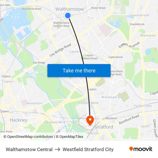 Walthamstow Central to Westfield Stratford City map