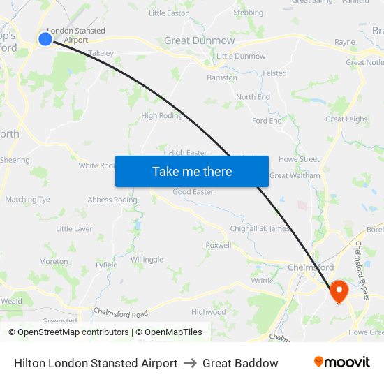Hilton London Stansted Airport to Great Baddow map