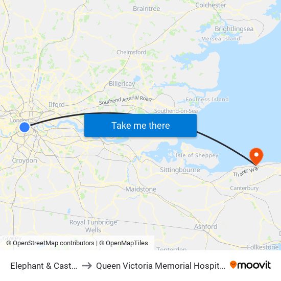 Elephant & Castle to Queen Victoria Memorial Hospital map