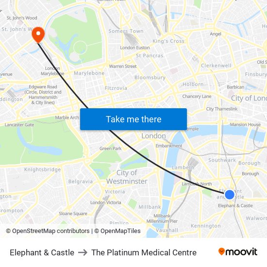 Elephant & Castle to The Platinum Medical Centre map