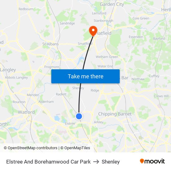 Elstree And Borehamwood Car Park to Shenley map
