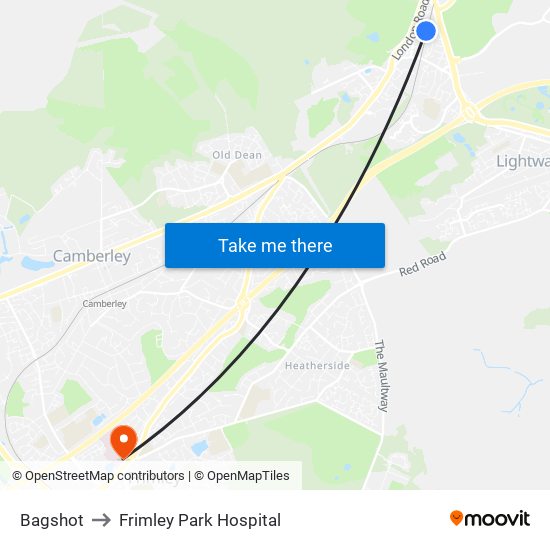 Bagshot to Frimley Park Hospital map