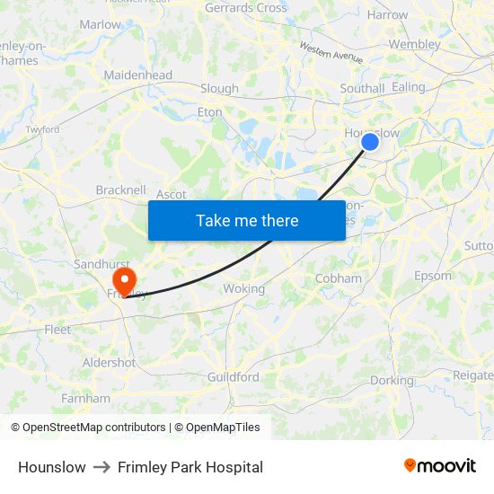 Hounslow to Frimley Park Hospital map
