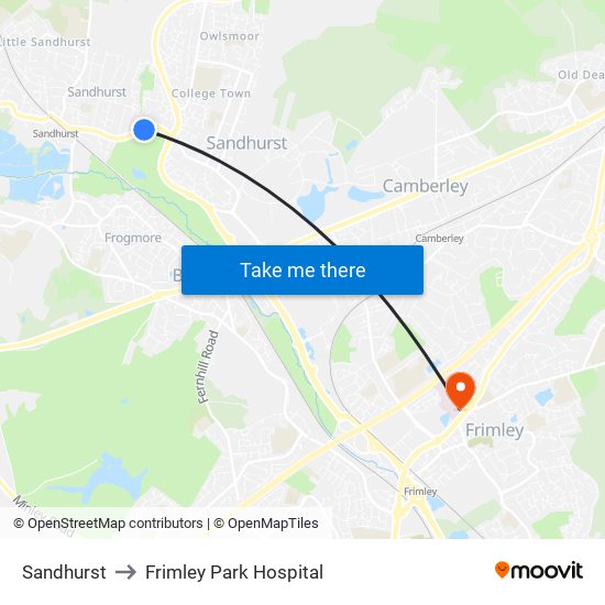 Sandhurst to Frimley Park Hospital map