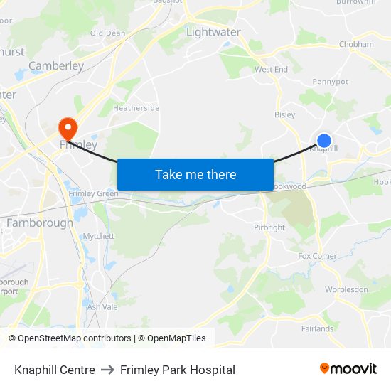 Knaphill Centre to Frimley Park Hospital map