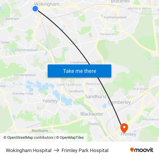 Wokingham Hospital to Frimley Park Hospital map