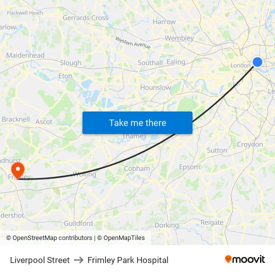 Liverpool Street to Frimley Park Hospital map