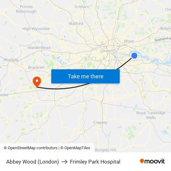 Abbey Wood (London) to Frimley Park Hospital map