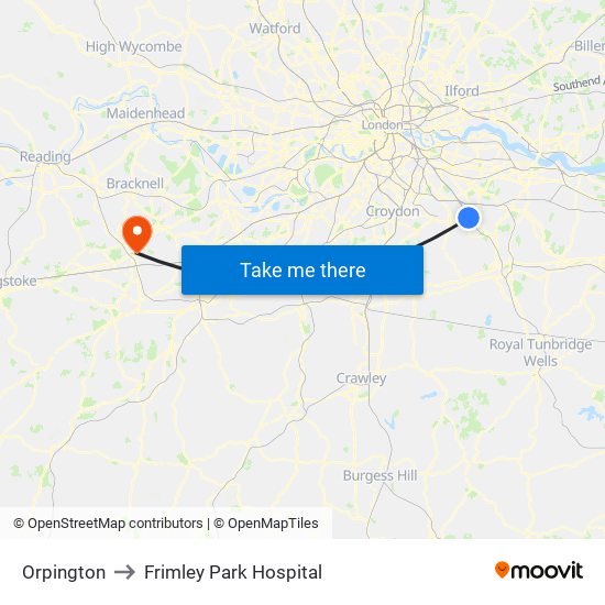 Orpington to Frimley Park Hospital map