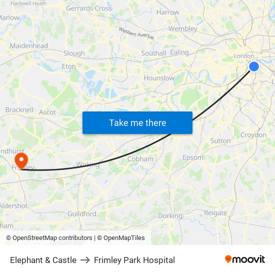 Elephant & Castle to Frimley Park Hospital map