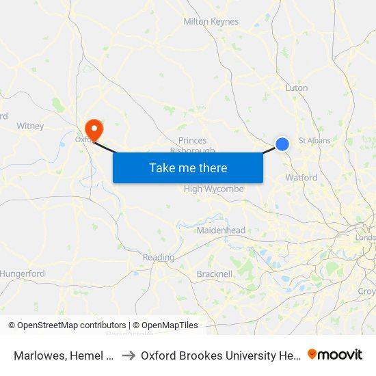 Marlowes, Hemel Hempstead to Oxford Brookes University Headington Hill Site map