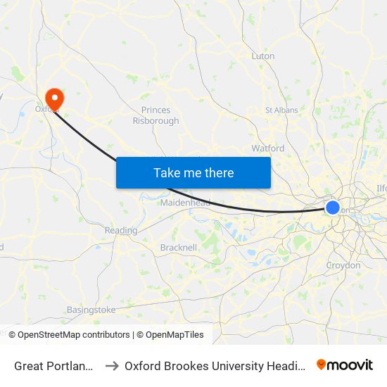 Great Portland Street to Oxford Brookes University Headington Hill Site map