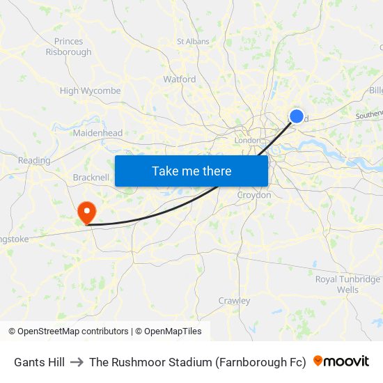 Gants Hill to The Rushmoor Stadium (Farnborough Fc) map