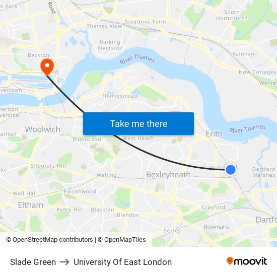 Slade Green to University Of East London map