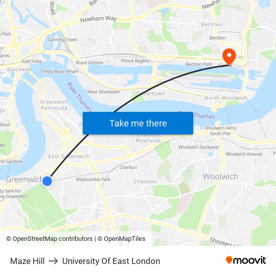 Maze Hill to University Of East London map