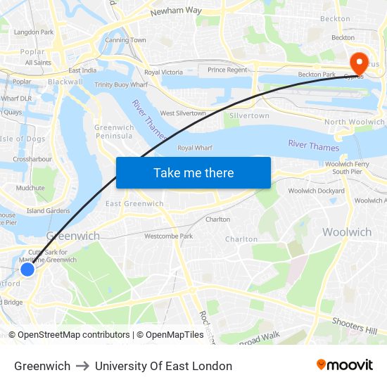 Greenwich to University Of East London map