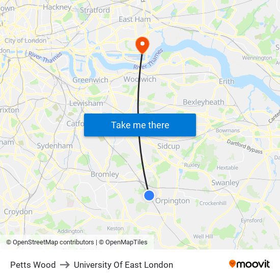 Petts Wood to University Of East London map