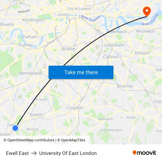 Ewell East to University Of East London map