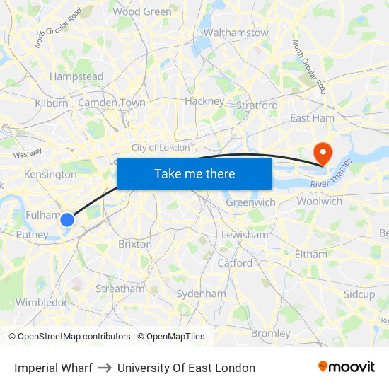 Imperial Wharf to University Of East London map