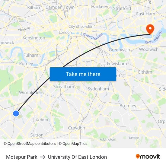 Motspur Park to University Of East London map