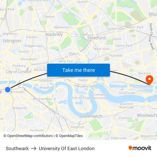 Southwark to University Of East London map