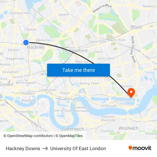 Hackney Downs to University Of East London map