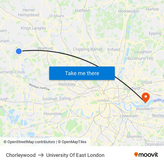 Chorleywood to University Of East London map