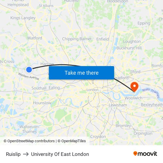 Ruislip to University Of East London map