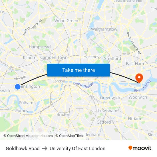 Goldhawk Road to University Of East London map