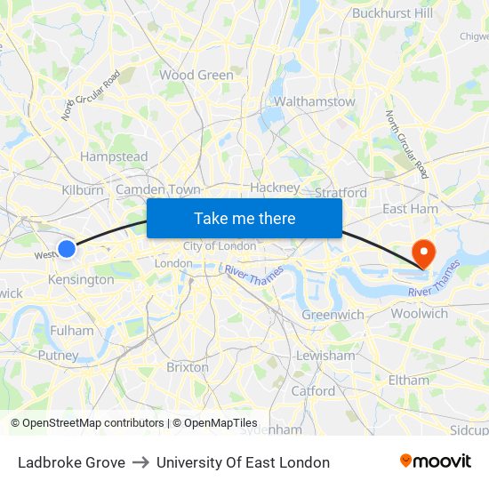 Ladbroke Grove to University Of East London map