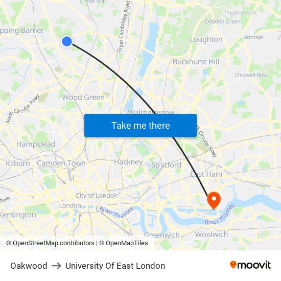 Oakwood to University Of East London map