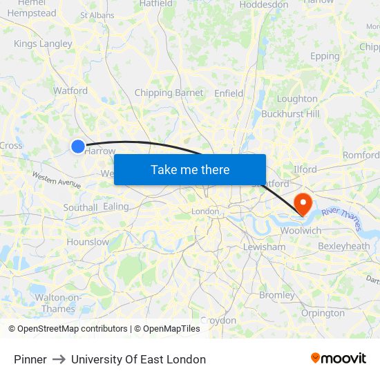 Pinner to University Of East London map