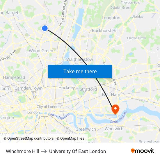 Winchmore Hill to University Of East London map