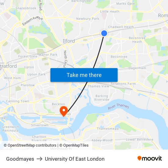 Goodmayes to University Of East London map