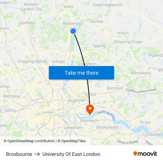 Broxbourne to University Of East London map