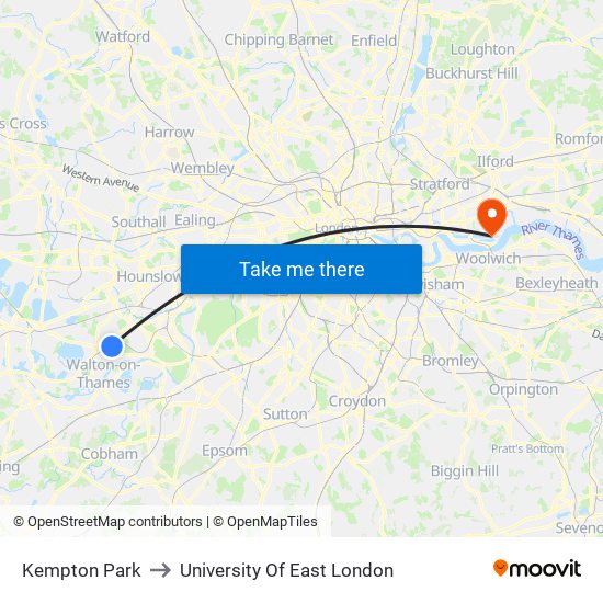 Kempton Park to University Of East London map