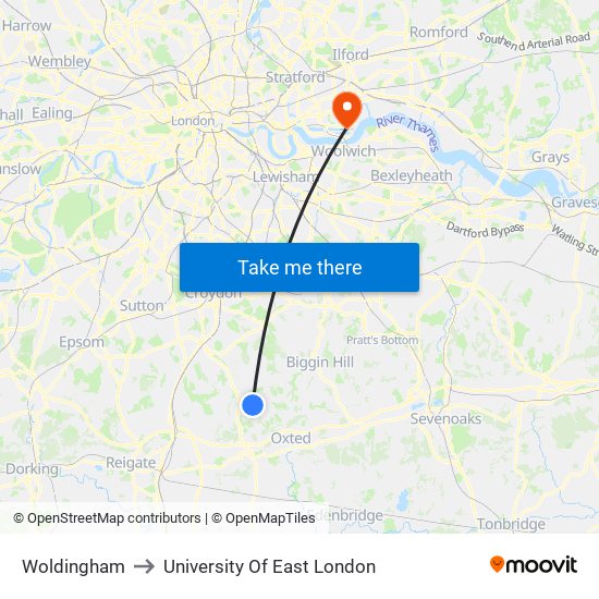 Woldingham to University Of East London map