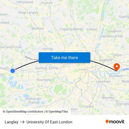 Langley to University Of East London map