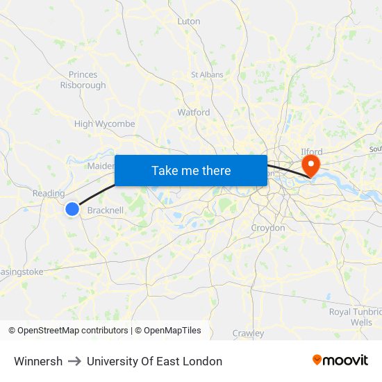 Winnersh to University Of East London map