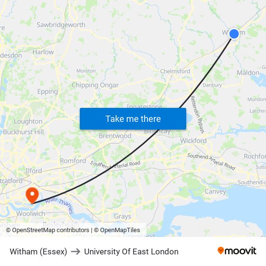 Witham (Essex) to University Of East London map