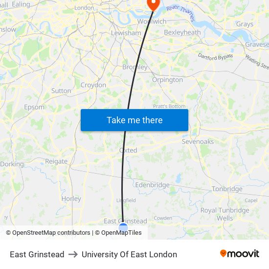 East Grinstead to University Of East London map