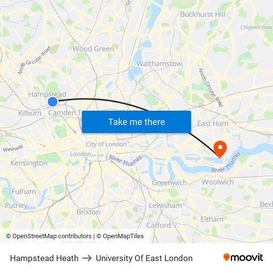 Hampstead Heath to University Of East London map