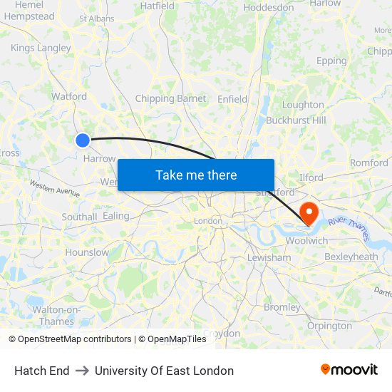 Hatch End to University Of East London map