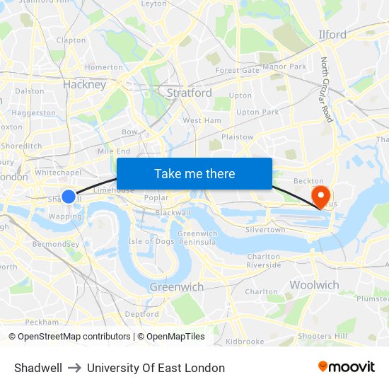 Shadwell to University Of East London map