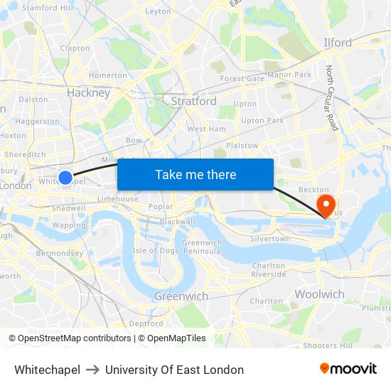 Whitechapel to University Of East London map